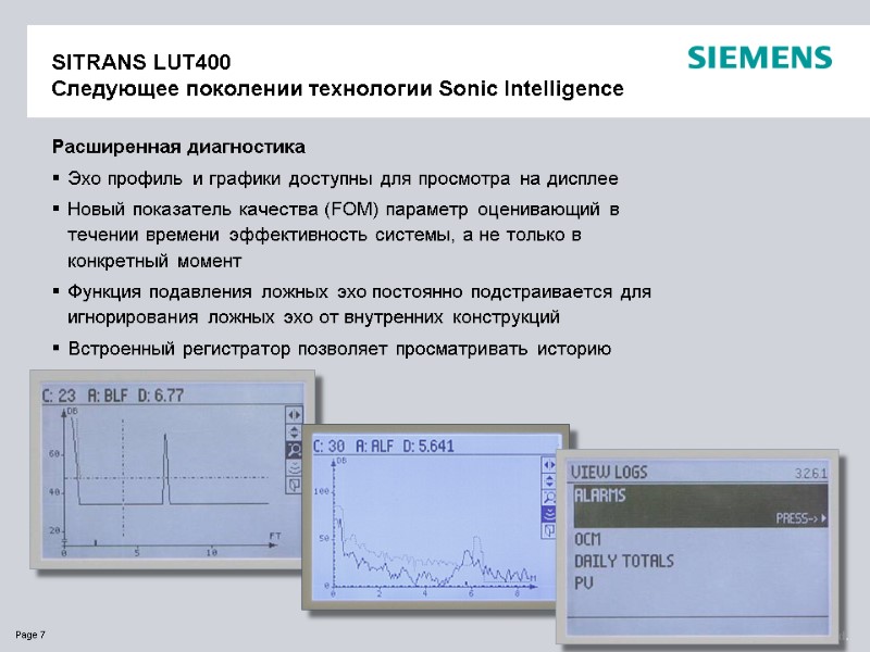 SITRANS LUT400 Следующее поколении технологии Sonic Intelligence Расширенная диагностика Эхо профиль и графики доступны